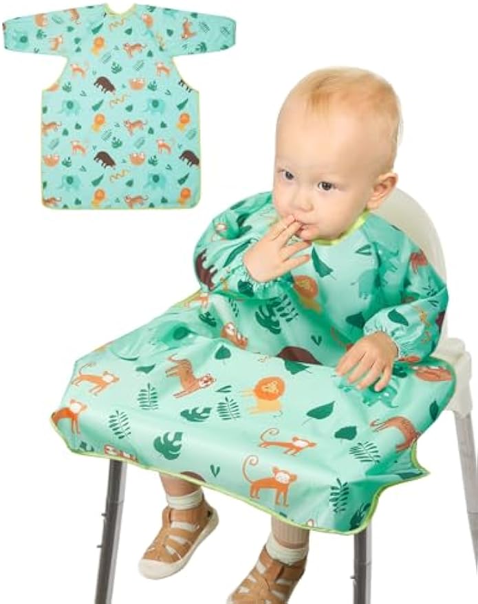 Lictin Coverall Baby Feeding Bib - Long Sleeve Bib Attaches and Fully Cover to Baby Highchair, Waterproof Weaning Bib Adjustable for Baby Toddler Infant, Machine Washable, Green