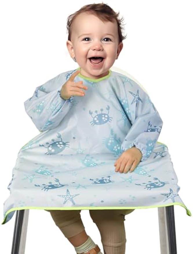 Lictin Coverall Baby Feeding Bib - Long Sleeve Bib Attaches and Fully Cover to Baby Highchair, Waterproof Weaning Bib Adjustable for Baby Toddler Infant, Machine Washable, White