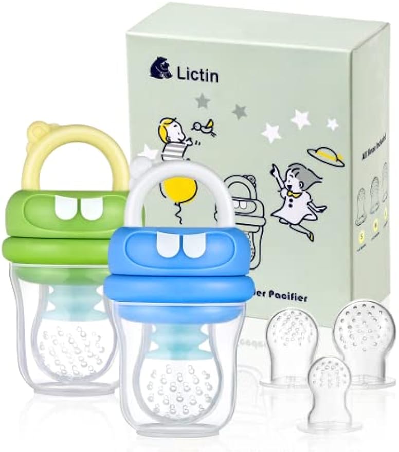 Lictin Baby Fruit Food Feeder Pacifier, 2-Pack Fresh Food Feeder, Infant Teether Toy, Silicone Fruit Teether for Babies, Infant Fruit Teething Toy, with 6 Replaceable Silicone Teething Pacifiers