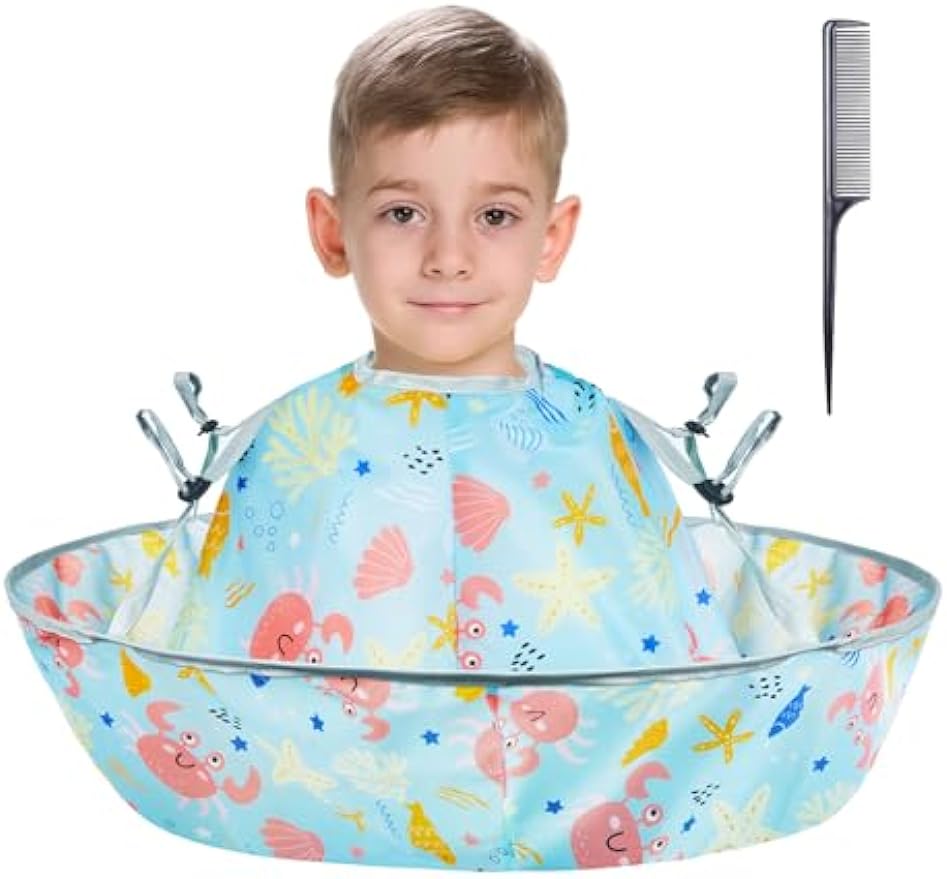 Lictin Haircut Capes Umbrella for Kids - Hair Cutting Haircut Cape Kids Waterproof Foldable Adjustment, Hairdressing Umbrella Cape Apron with 1PCS Black Comb, Marine Theme