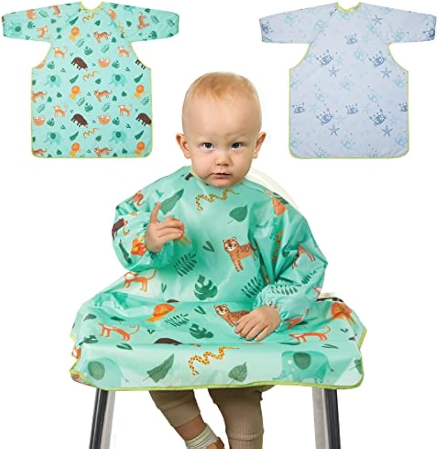 Lictin Coverall Baby Feeding Bibs - 2-Pack Long Sleeve Baby Bibs for Eating, Adjustable Weaning Bibs, Waterproof Bib Attaches and Fully Cover to Baby Highchair and Table