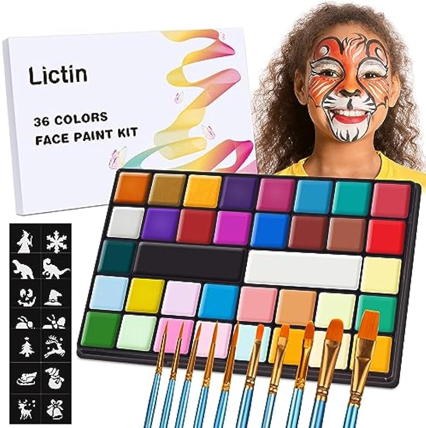 Lictin Water Based Face Paint - 36 Colors Professional Face Body Painting Kit ( 20 Classic Colors + 8 Metal Colors + 8 UV Glow Colors), Halloween Makeup Kit for Adults and Kids