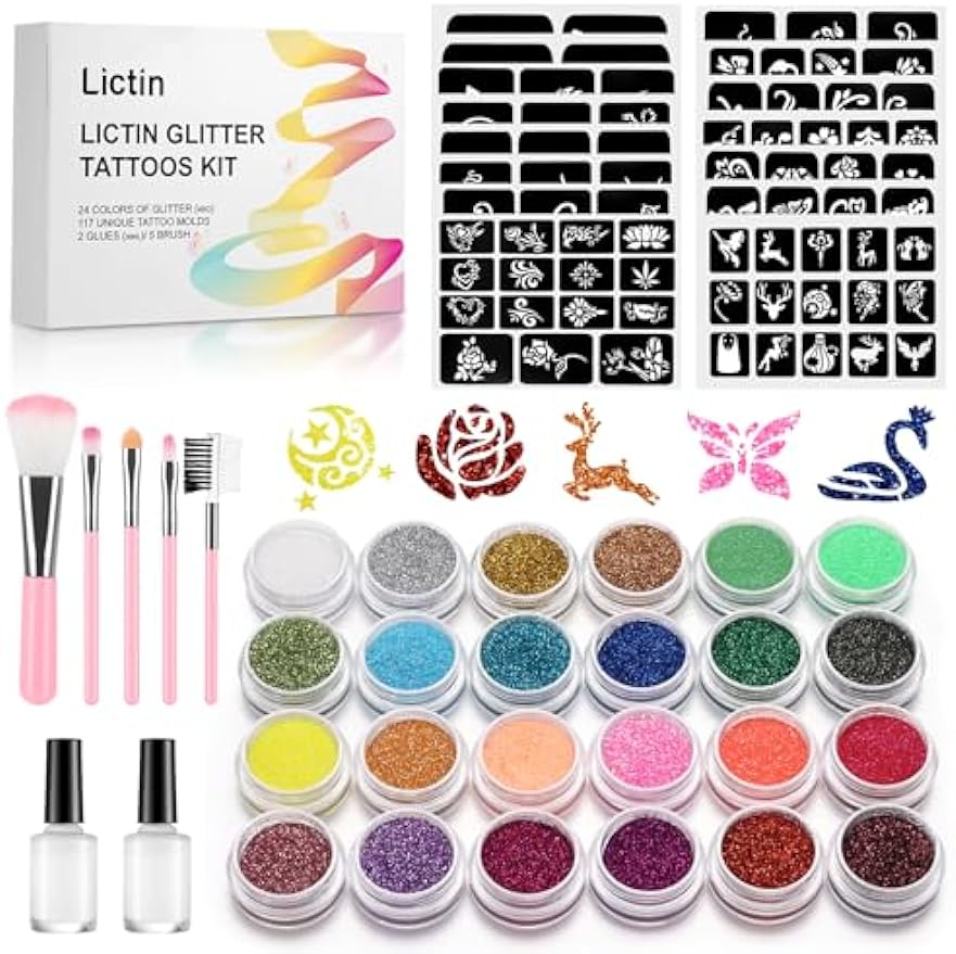 Lictin Glitter Tattoo Set - 24pcs Cosmetic Glitter Tattoo Set Tattoo Stencils Glitter Tattoos Temporary Tattoo Template Set with 117 Stencils, 2 Glue, 5 Brushes