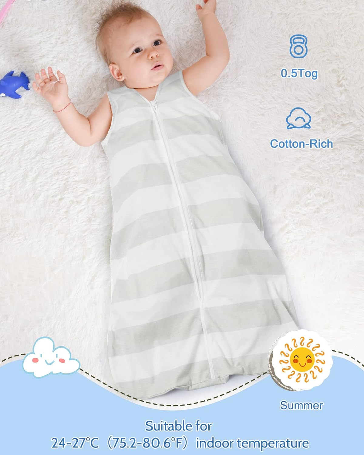 Lictin Baby Sleep Sacks-3 Packs Cotton Baby Wearable Blanket 0.5 TOG,Unisex Sleepsack 0-6 Months, Baby Sleeping Bag with 2-Way Safe Zipper for Baby Boy or Girl