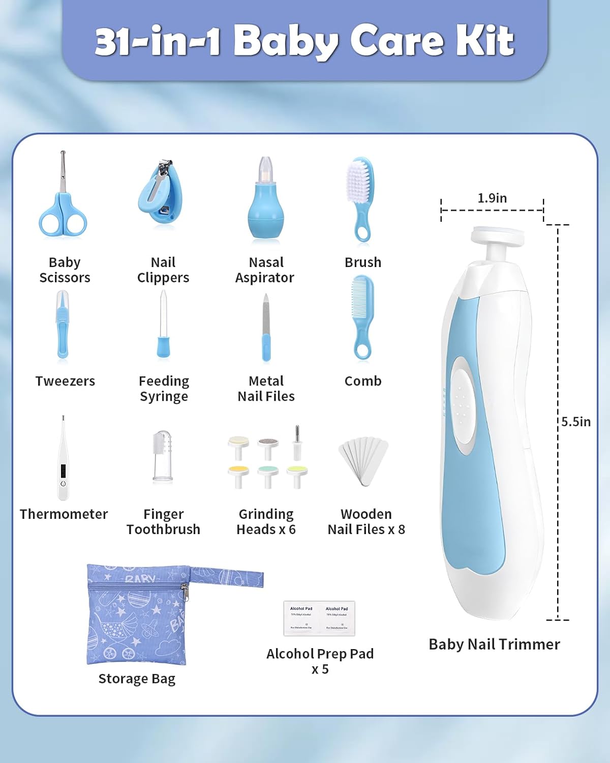 Lictin Baby Healthcare and Grooming Kit, 31 in 1 Baby Nail Trimmer Electric Set,Safe Baby Nail File with Auto Light, Newborn Nursery Health Care Kit with Nail Clippers, Infant Comb, Brush, etc