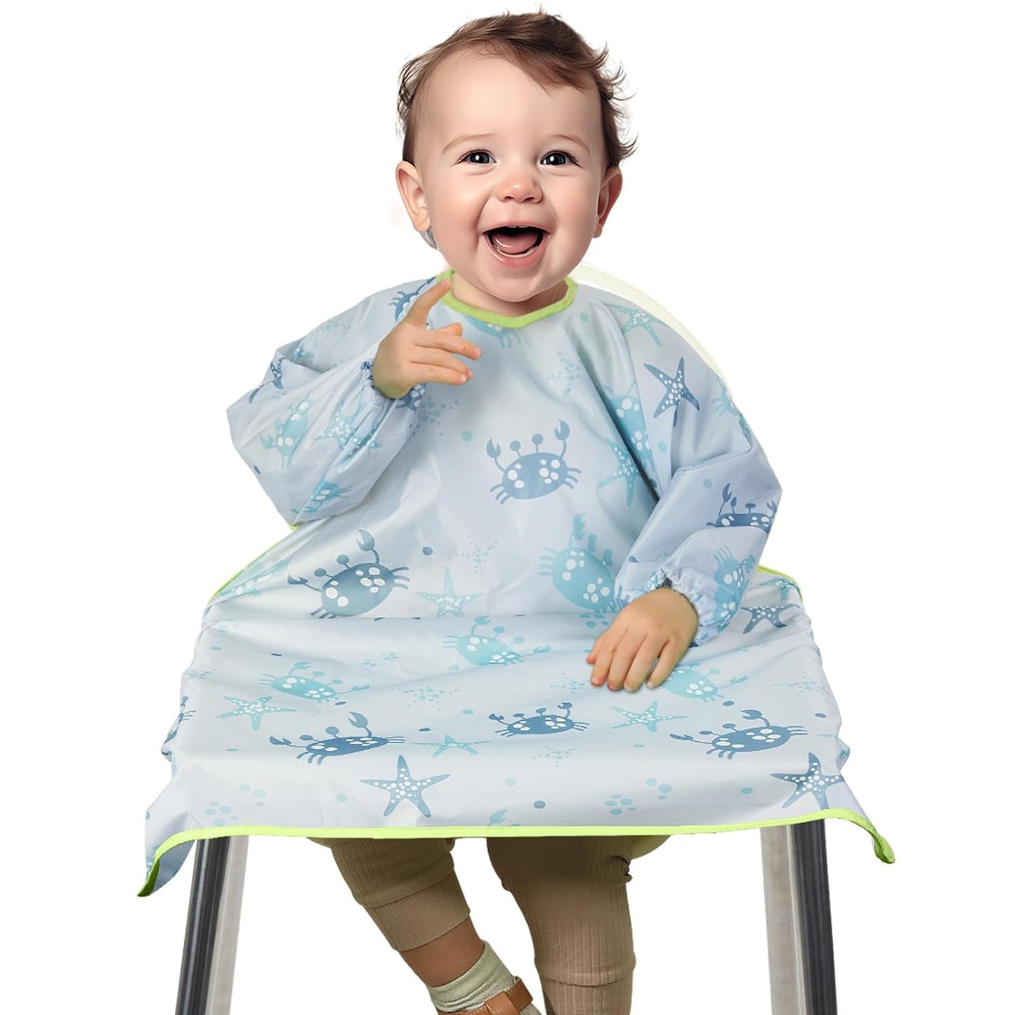 Lictin Coverall Baby Feeding Bib - Long Sleeve Bib Attaches and Fully Cover to Baby Highchair, Waterproof Weaning Bib Adjustable for Baby Toddler Infant, Machine Washable, White