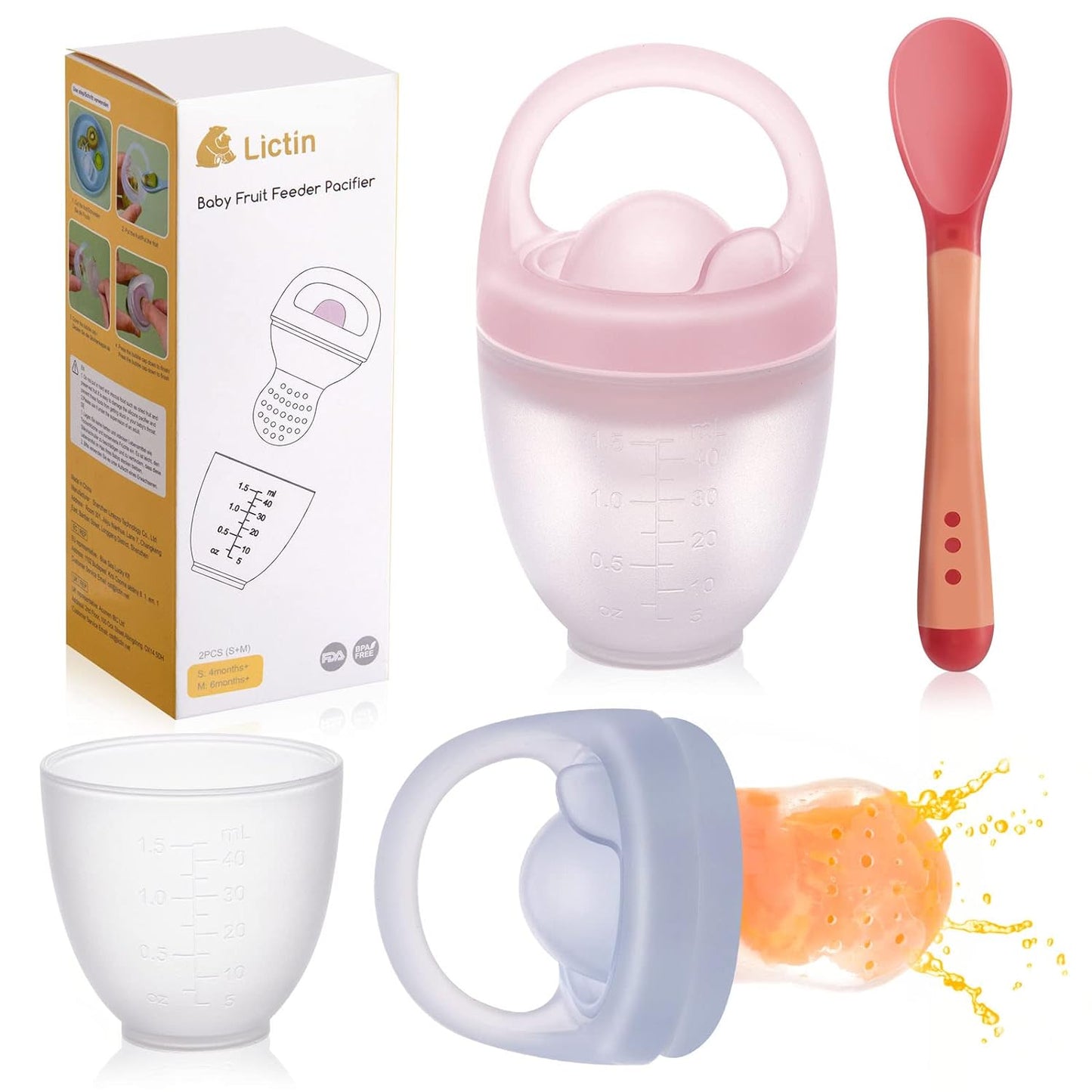 Lictin Baby Fruit Food Feeder Pacifier, 2-Pack Fresh Food Feeder, Infant Teether Toy, Silicone Fruit Teether for Babies, Infant Fruit Teething Toy, with 6 Replaceable Silicone Teething Pacifiers