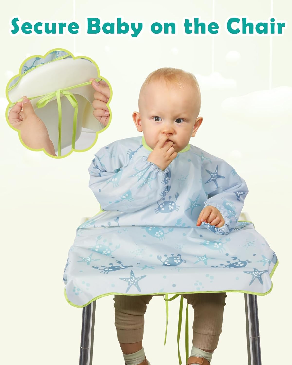 Lictin Coverall Baby Feeding Bib - Long Sleeve Bib Attaches and Fully Cover to Baby Highchair, Waterproof Weaning Bib Adjustable for Baby Toddler Infant, Machine Washable, White