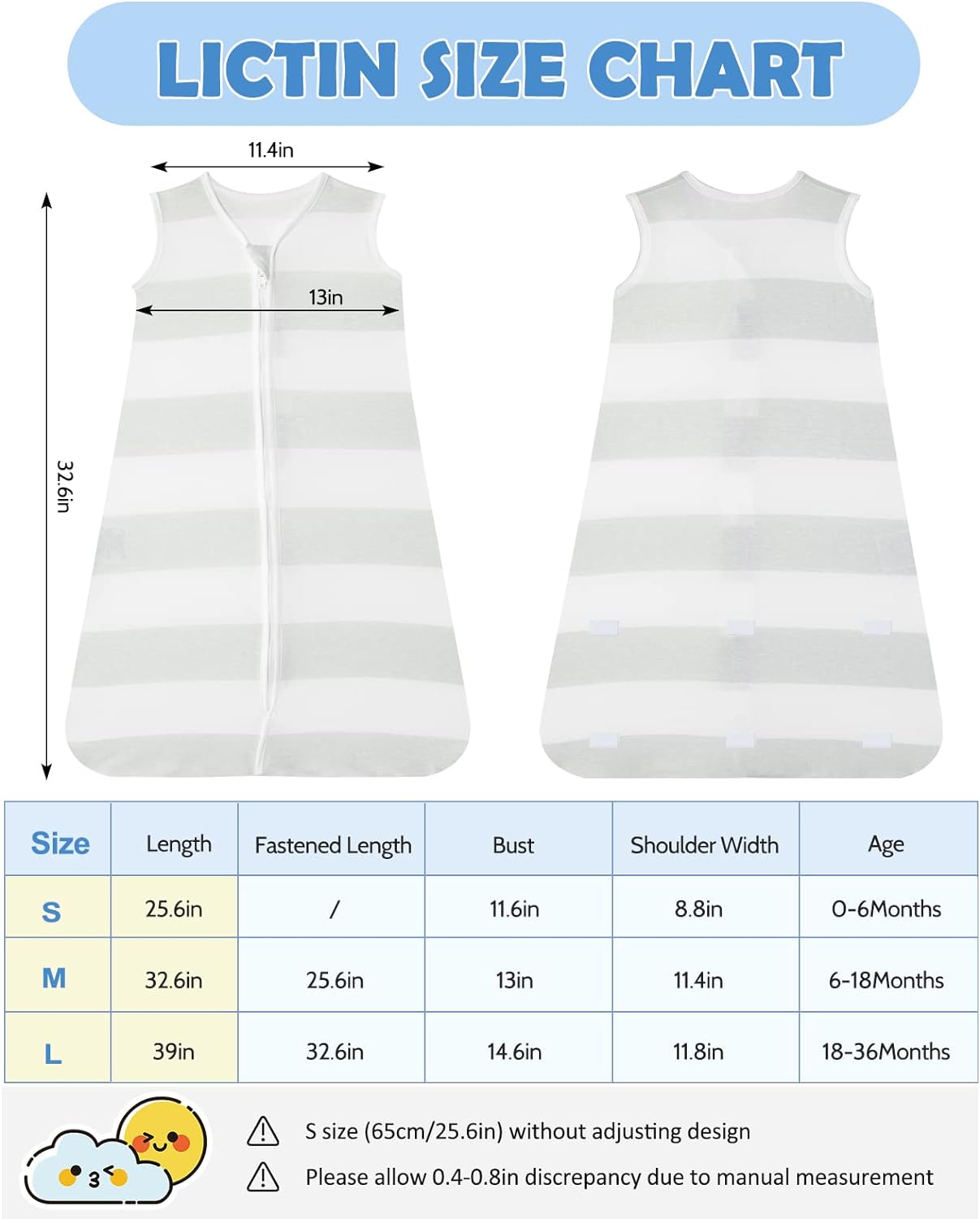 Lictin Baby Sleep Sacks-3 Packs Cotton Baby Wearable Blanket 0.5 TOG,Unisex Sleepsack with Adjustable Length 6-18 Months, Baby Sleeping Bag with 2-Way Safe Zipper for Baby Infant Boy or Girl