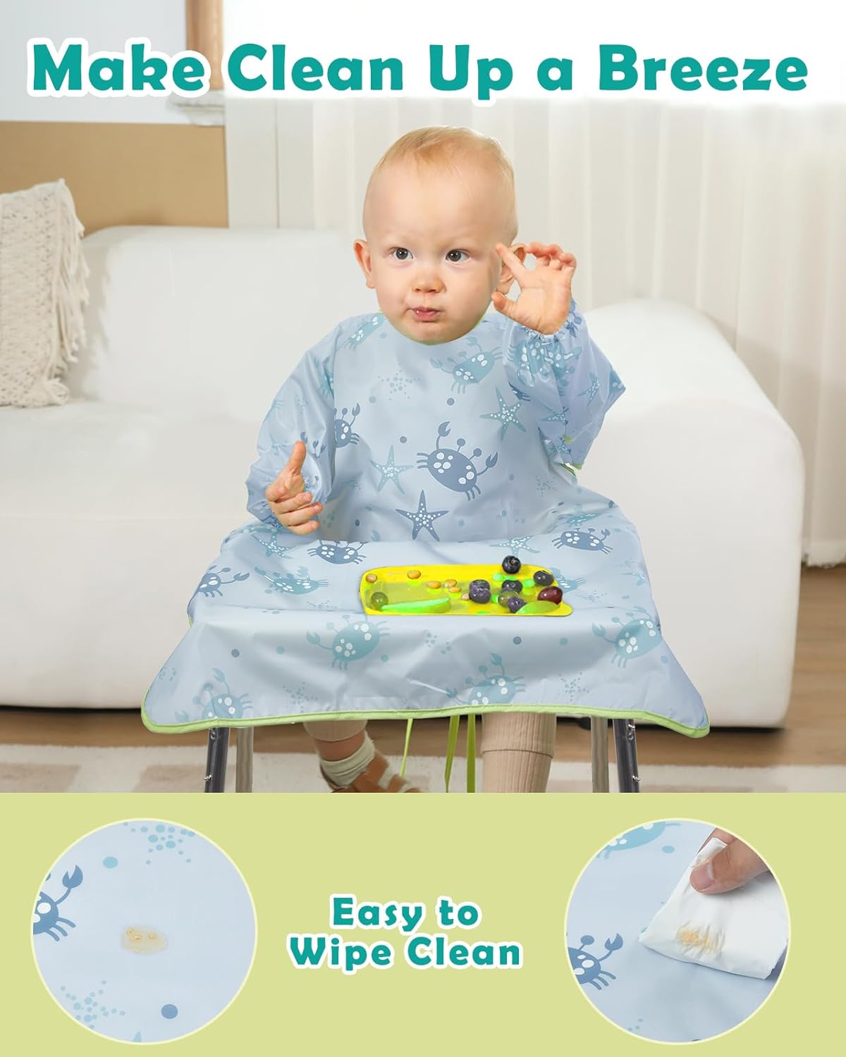 Lictin Coverall Baby Feeding Bib - Long Sleeve Bib Attaches and Fully Cover to Baby Highchair, Waterproof Weaning Bib Adjustable for Baby Toddler Infant, Machine Washable, White