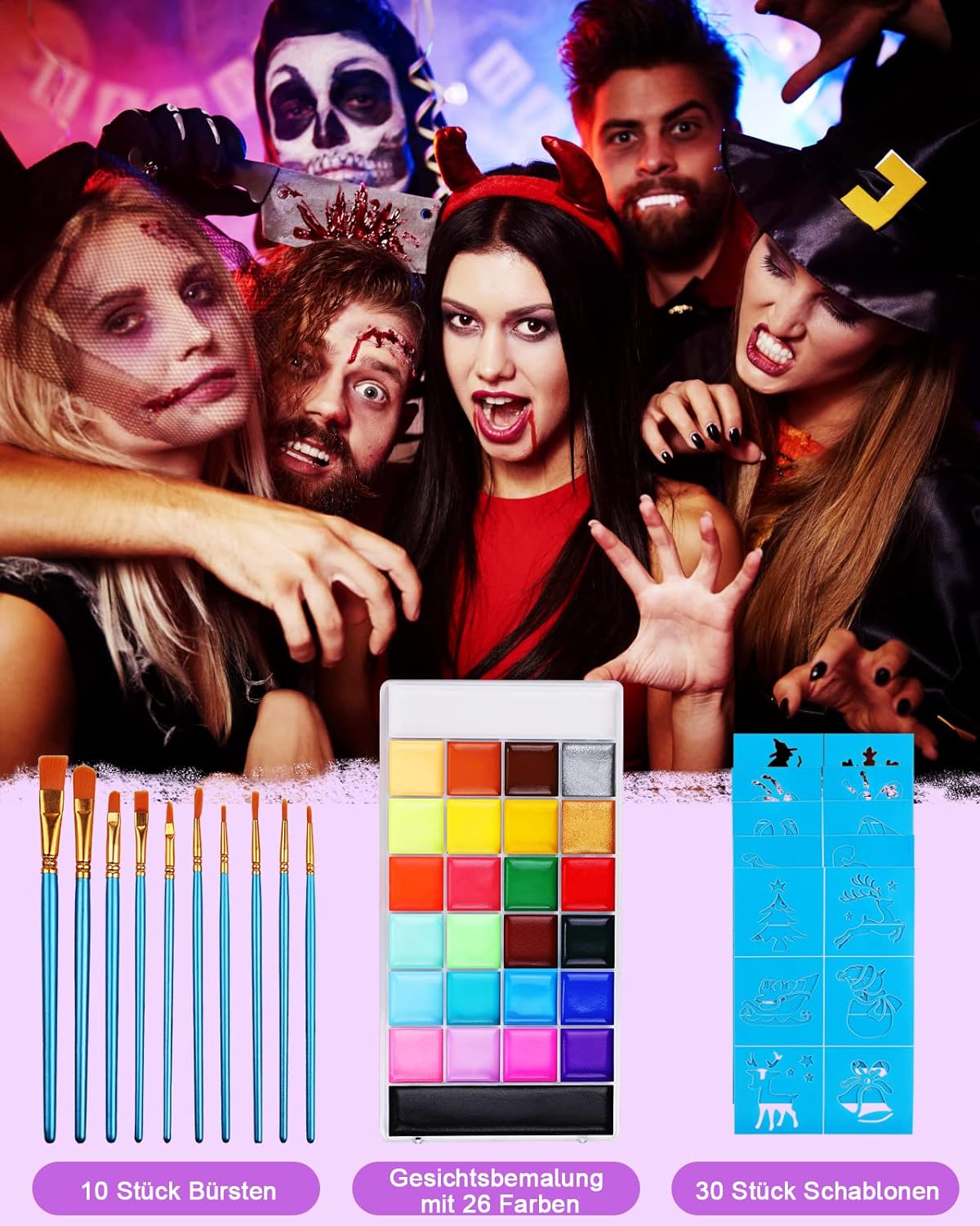 Lictin Water Based Face Paint - 26 Colors Face Painting Kit with Stencils and Brushes, Halloween Makeup Kit for Adults and Kids, Professional Non Toxic Washable