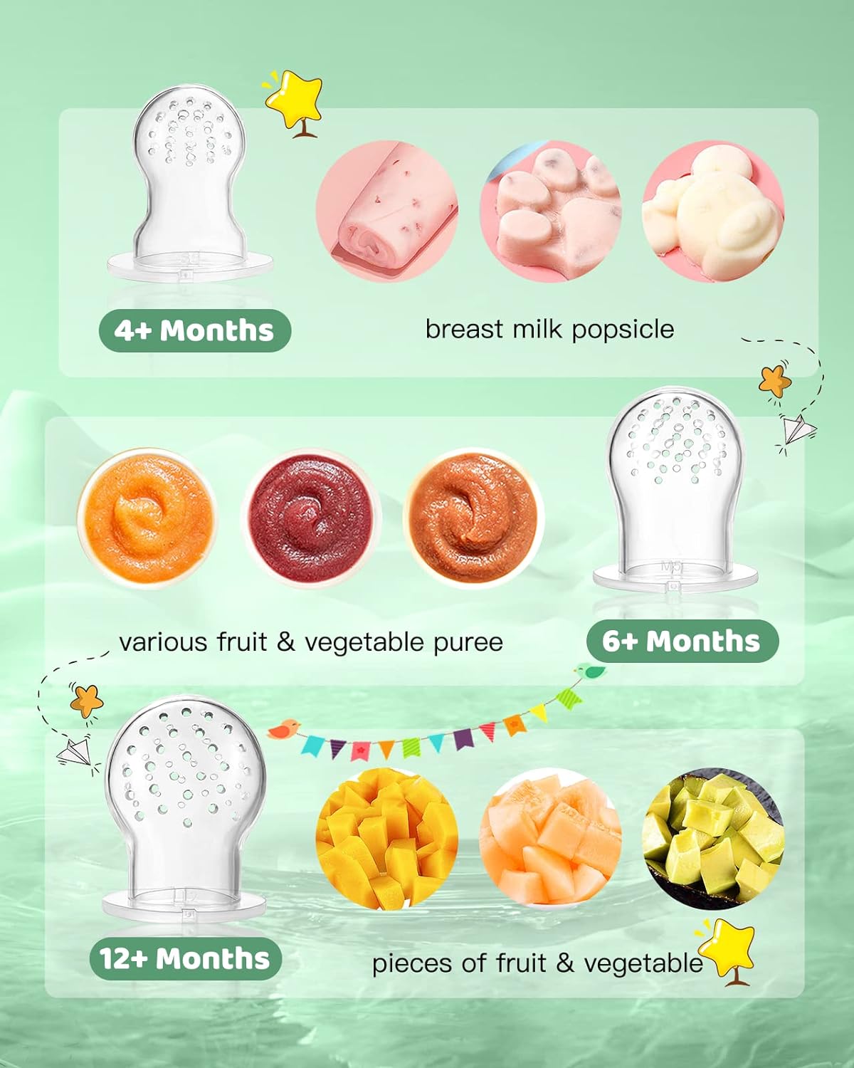 Lictin Baby Fruit Food Feeder Pacifier, 2-Pack Fresh Food Feeder, Infant Teether Toy, Silicone Fruit Teether for Babies, Infant Fruit Teething Toy, with 6 Replaceable Silicone Teething Pacifiers