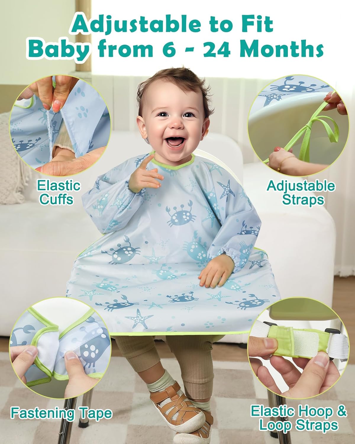 Lictin Coverall Baby Feeding Bib - Long Sleeve Bib Attaches and Fully Cover to Baby Highchair, Waterproof Weaning Bib Adjustable for Baby Toddler Infant, Machine Washable, White