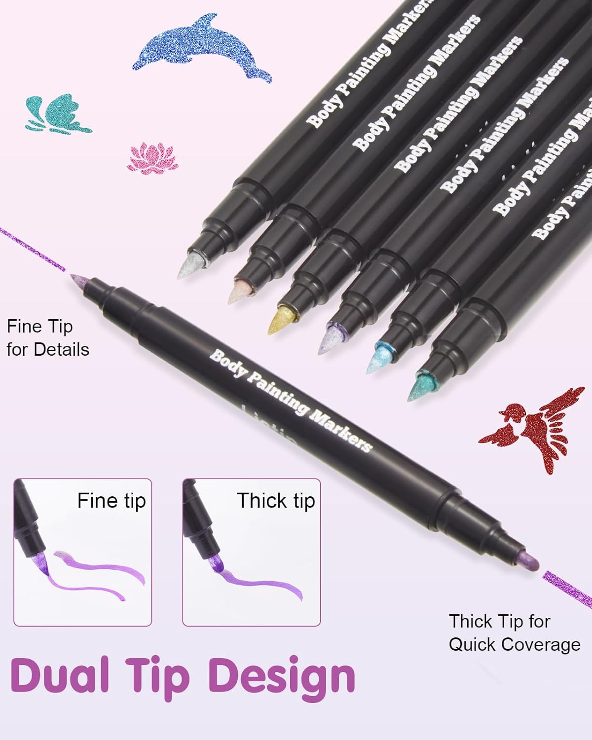 Lictin Temporary Tattoo Markers for Skin, 7 Colors Dual-End Skin Tattoo Pens with 50 Tattoo Stencils, Metallic Body Markers for Kids Teens and Adults, Flexible Brush Tip, Cosmetic-Grade