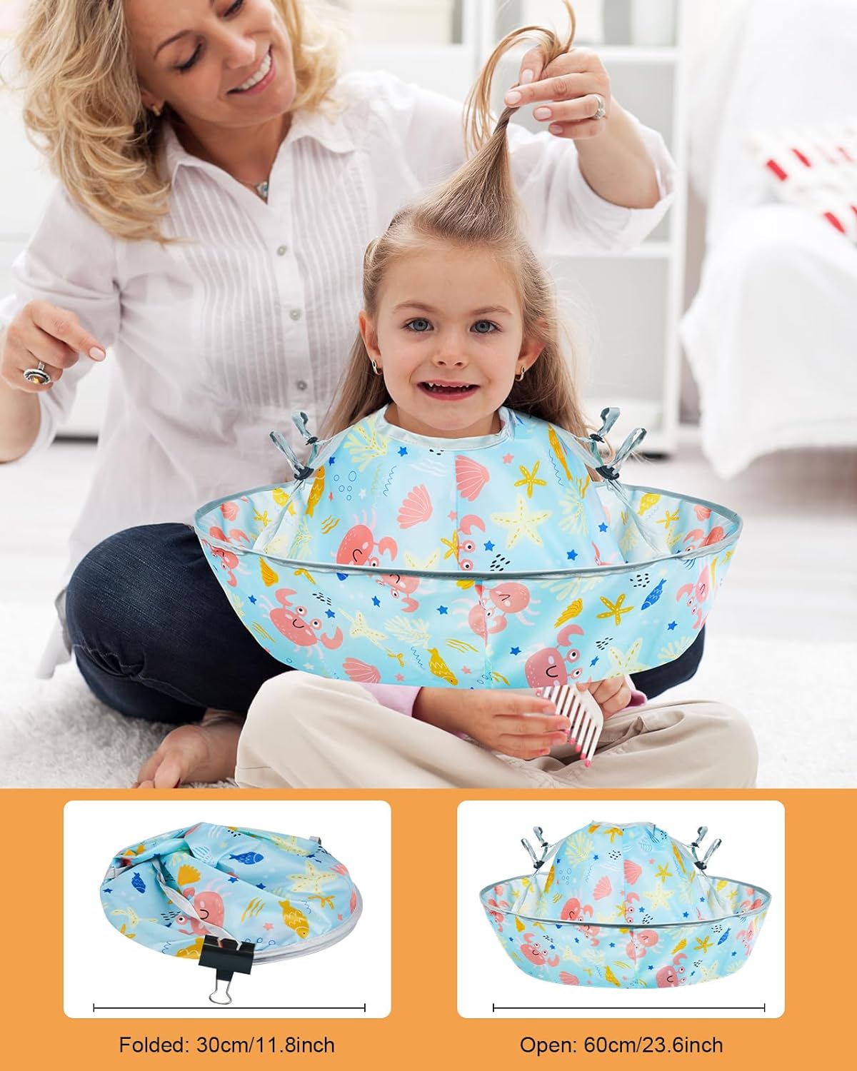 Lictin Haircut Capes Umbrella for Kids - Hair Cutting Haircut Cape Kids Waterproof Foldable Adjustment, Hairdressing Umbrella Cape Apron with 1PCS Black Comb, Marine Theme