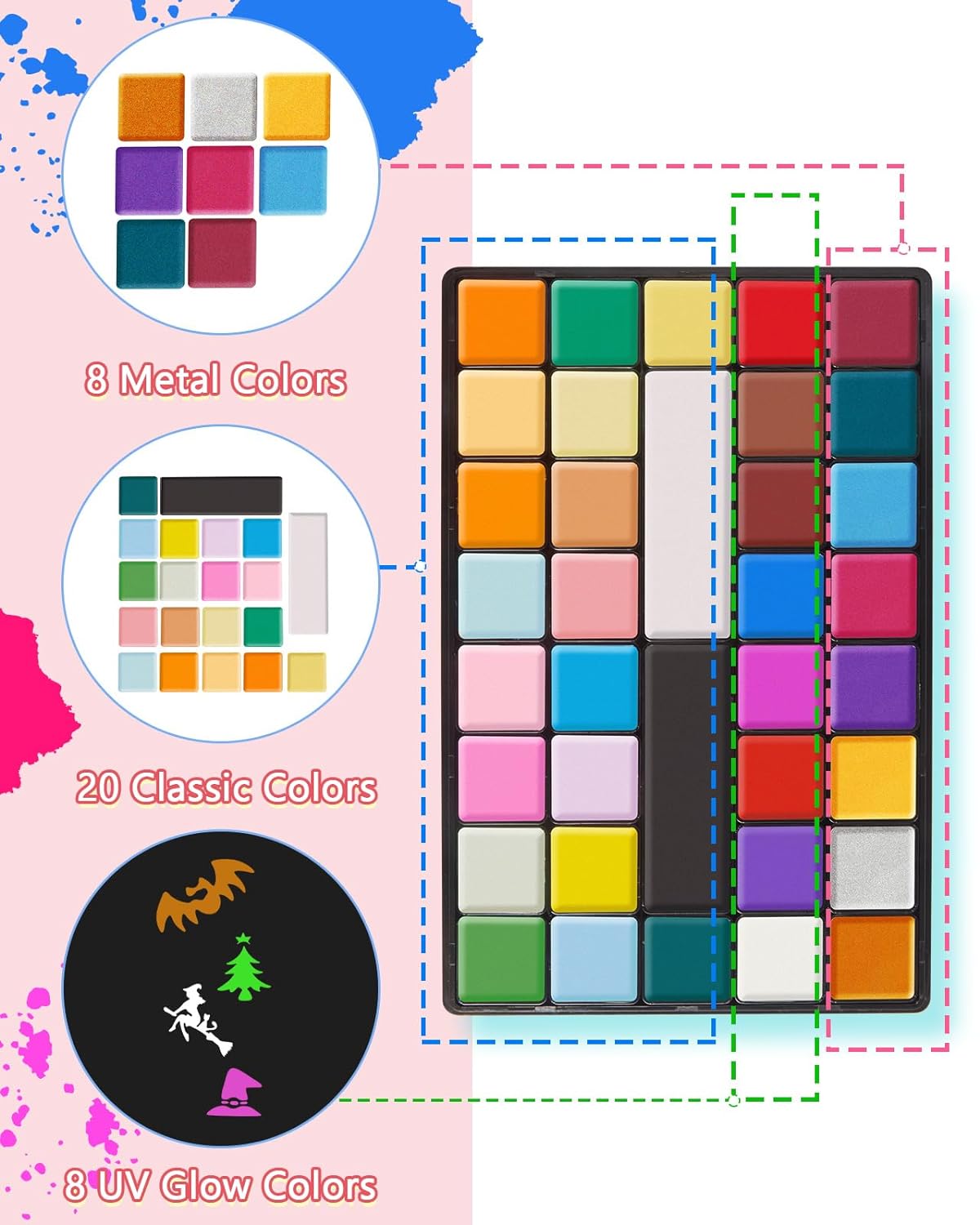 Lictin Water Based Face Paint - 36 Colors Professional Face Body Painting Kit ( 20 Classic Colors + 8 Metal Colors + 8 UV Glow Colors), Halloween Makeup Kit for Adults and Kids