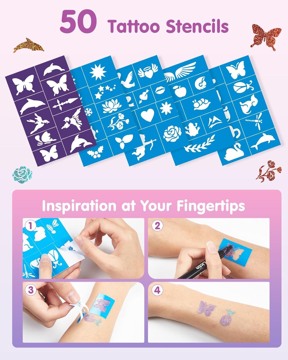 Lictin Temporary Tattoo Markers for Skin, 7 Colors Dual-End Skin Tattoo Pens with 50 Tattoo Stencils, Metallic Body Markers for Kids Teens and Adults, Flexible Brush Tip, Cosmetic-Grade
