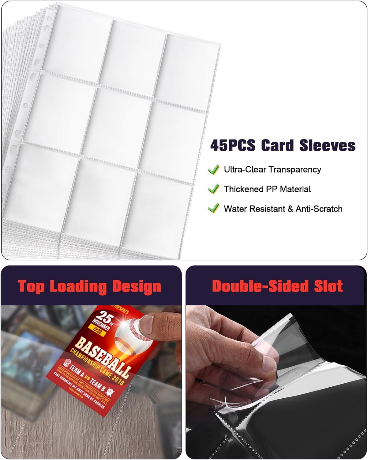 Baseball Card Binder 9 Pocket - Lictin Baseball Card Holder, 3 Ring Trading Card Binder, Sports Card Binder Collection Trading Card Albums Fits 810 Cards with 45 Removable Sleeves