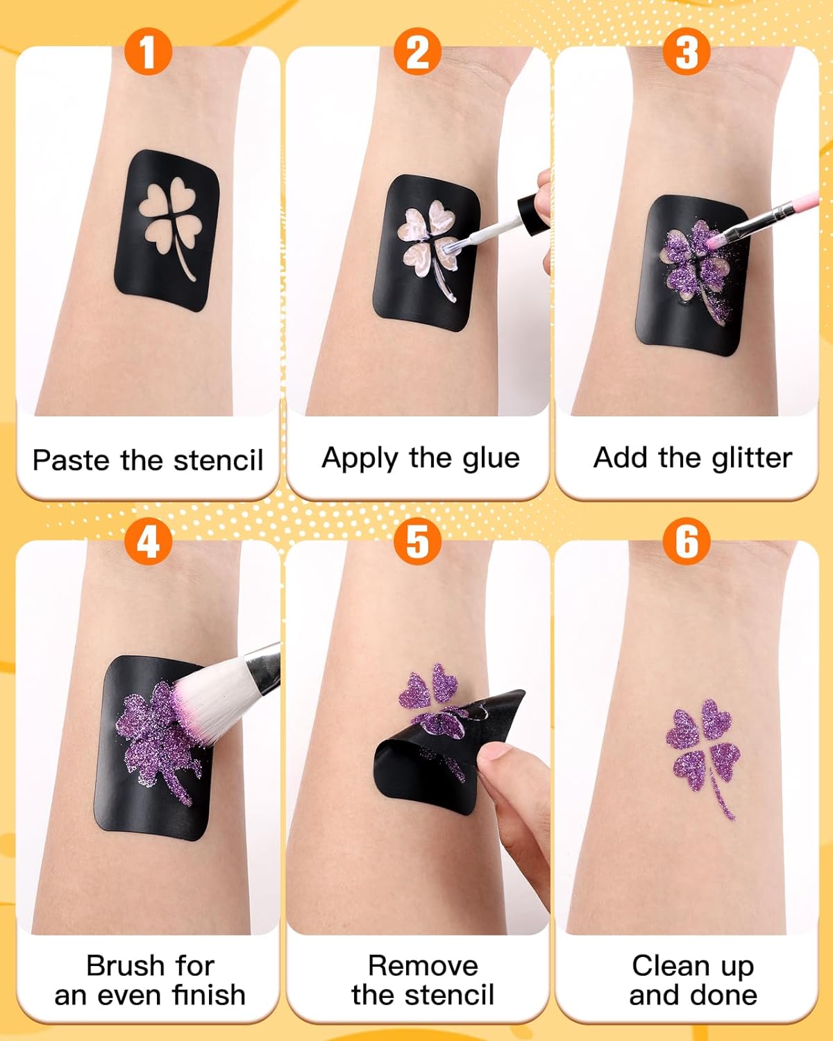 Lictin Glitter Tattoo Set - 24pcs Cosmetic Glitter Tattoo Set Tattoo Stencils Glitter Tattoos Temporary Tattoo Template Set with 117 Stencils, 2 Glue, 5 Brushes