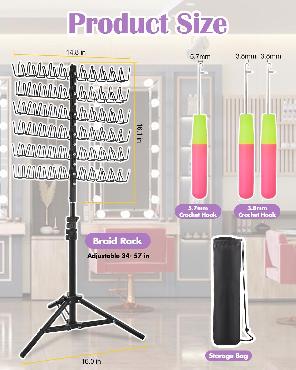 Lictin Braiding Hair Rack with 120 Pegs, Height Adjustable Braiding Rack, 2-Side Metal Hair Rack for Stylists/Home/Salon, Hair Braiding Stand with Stylist Hair Braiding Tools