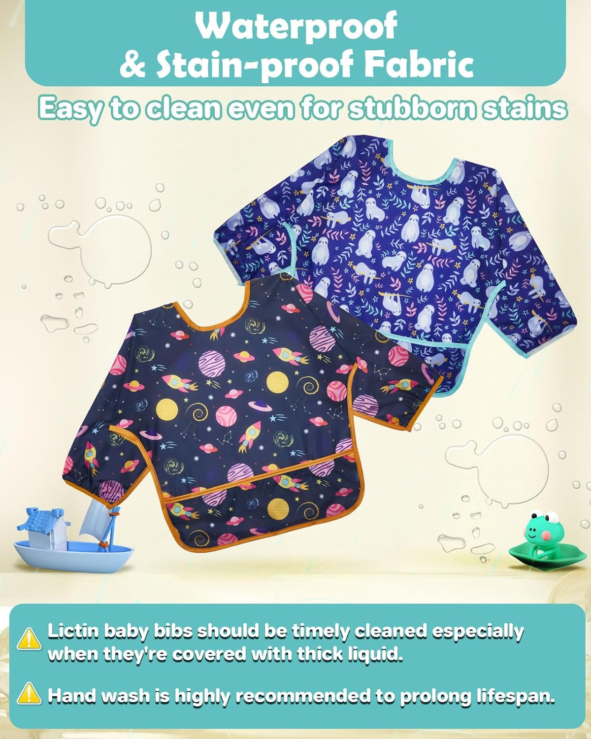 Lictin 3 Pcs Baby Bibs for Boy or Girl,Long Sleeve Bib,Waterproof Bibs for Toddlers,Adjustable Closure Baby Smock,6-24 Months