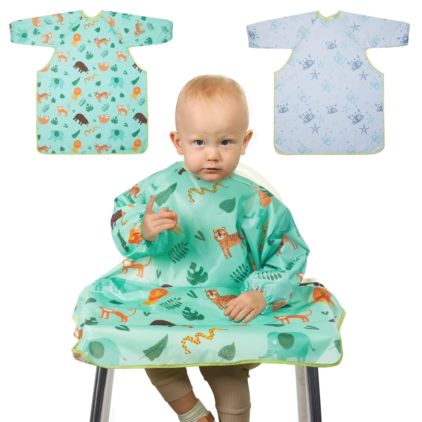 Lictin Coverall Baby Feeding Bib - Long Sleeve Bib Attaches and Fully Cover to Baby Highchair, Waterproof Weaning Bib Adjustable for Baby Toddler Infant, Machine Washable, White
