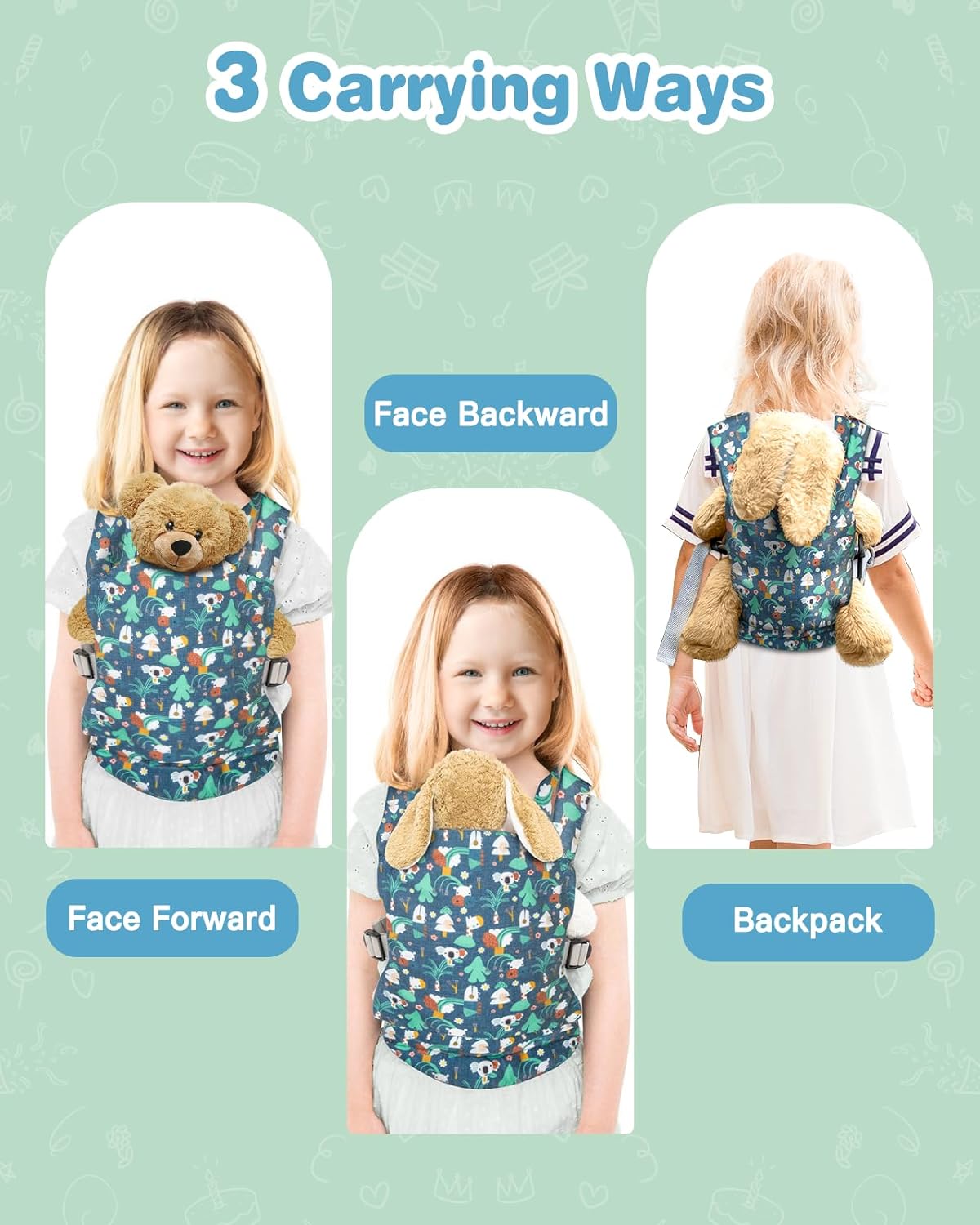 Lictin Baby Doll Carrier, Front and Back Doll Accessories Carrier for Little Girls, with Adjustable Straps for Stuffed Animal Reborn Baby Doll
