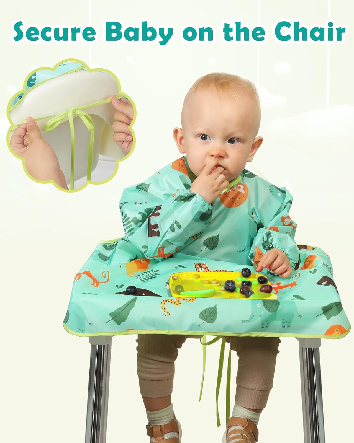 Lictin Coverall Baby Feeding Bib - Long Sleeve Bib Attaches and Fully Cover to Baby Highchair, Waterproof Weaning Bib Adjustable for Baby Toddler Infant, Machine Washable, Green