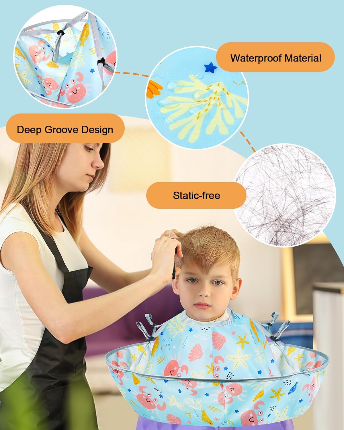 Lictin Haircut Capes Umbrella for Kids - Hair Cutting Haircut Cape Kids Waterproof Foldable Adjustment, Hairdressing Umbrella Cape Apron with 1PCS Black Comb, Marine Theme
