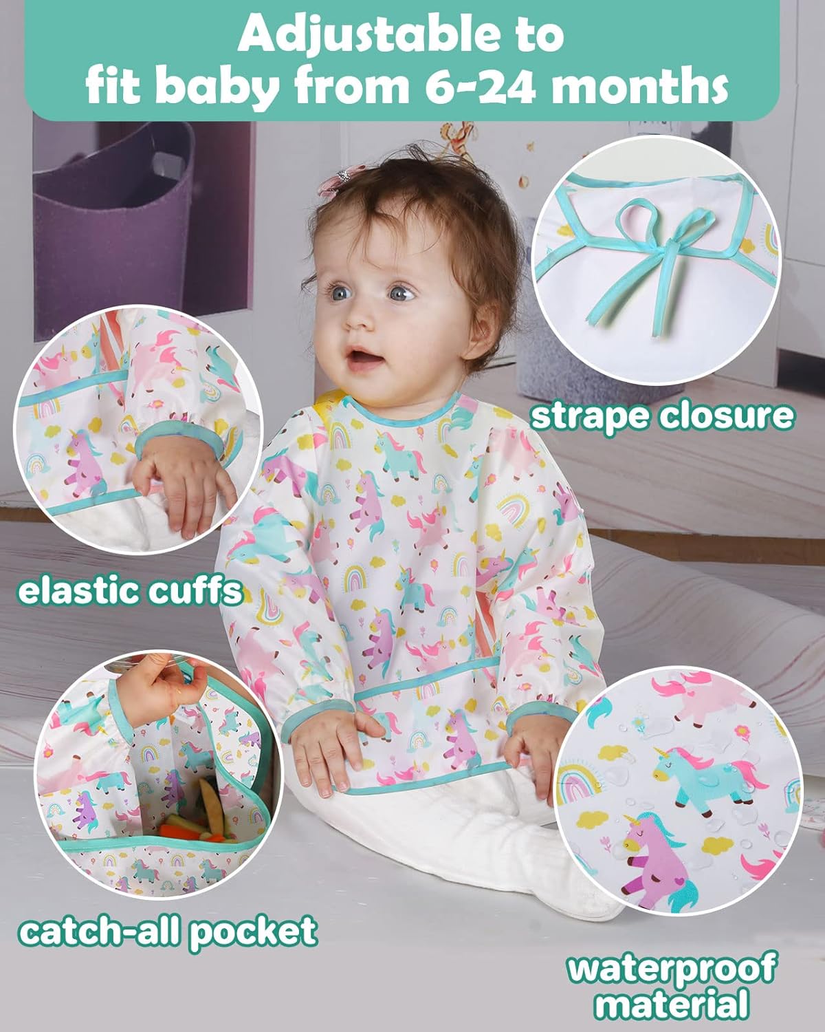 Lictin 3 Pcs Baby Bibs for Boy or Girl,Long Sleeve Bib,Waterproof Bibs for Toddlers,Adjustable Closure Baby Smock,6-24 Months