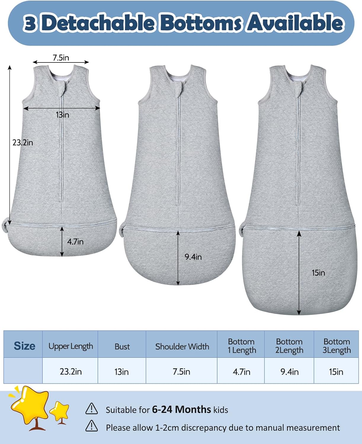 Lictin Baby Sleeping Bag, 2.5TOG Sleeveless Sleep Sack with 3 Detachable Bottoms, Unisex Swaddle Wearable Blanket with Adjustable Length for Baby Infant Toddler (6-24 Months)