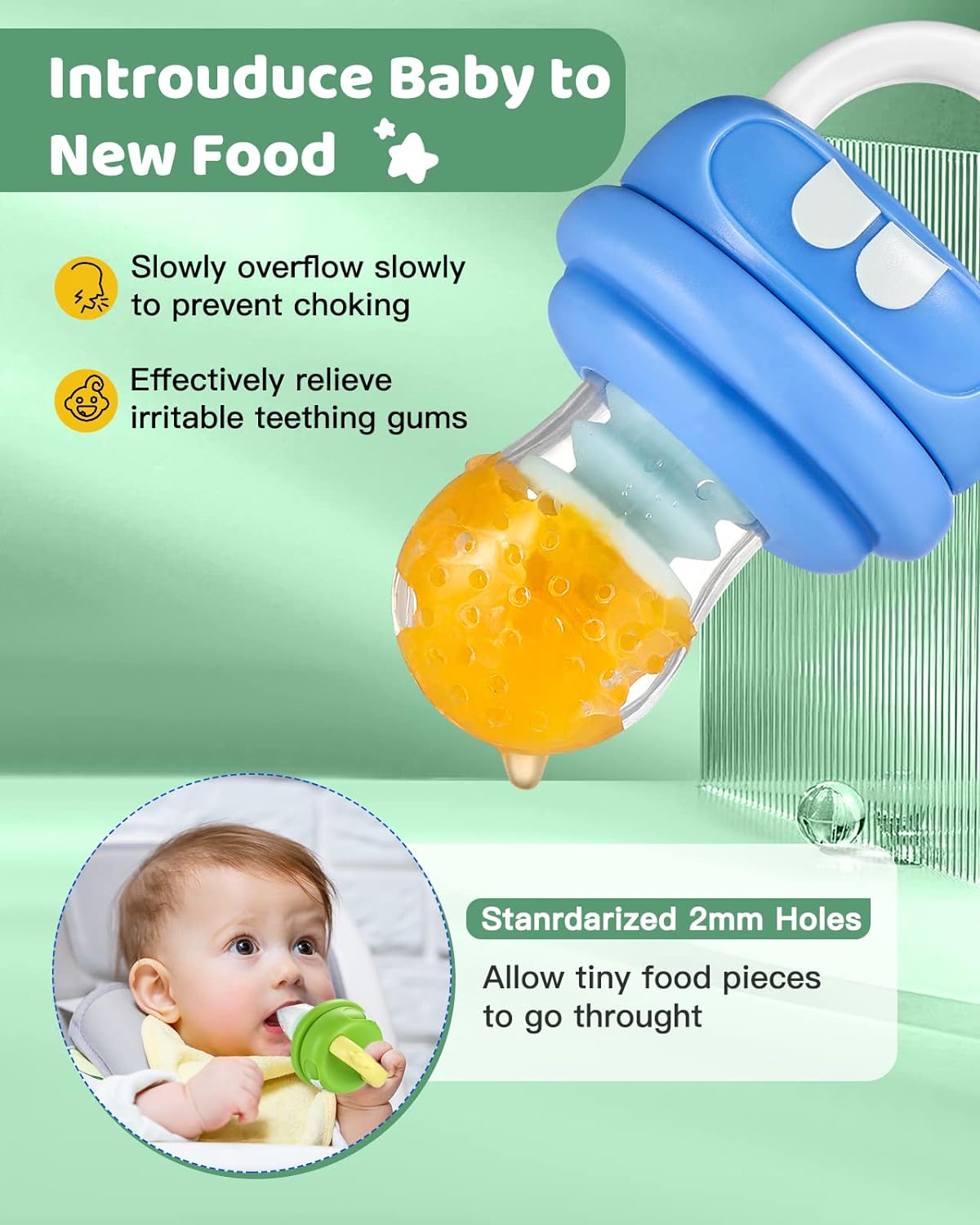 Lictin Baby Fruit Food Feeder Pacifier, 2-Pack Fresh Food Feeder, Infant Teether Toy, Silicone Fruit Teether for Babies, Infant Fruit Teething Toy, with 6 Replaceable Silicone Teething Pacifiers