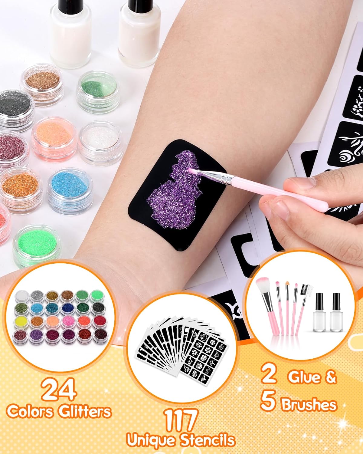 Lictin Glitter Tattoo Set - 24pcs Cosmetic Glitter Tattoo Set Tattoo Stencils Glitter Tattoos Temporary Tattoo Template Set with 117 Stencils, 2 Glue, 5 Brushes