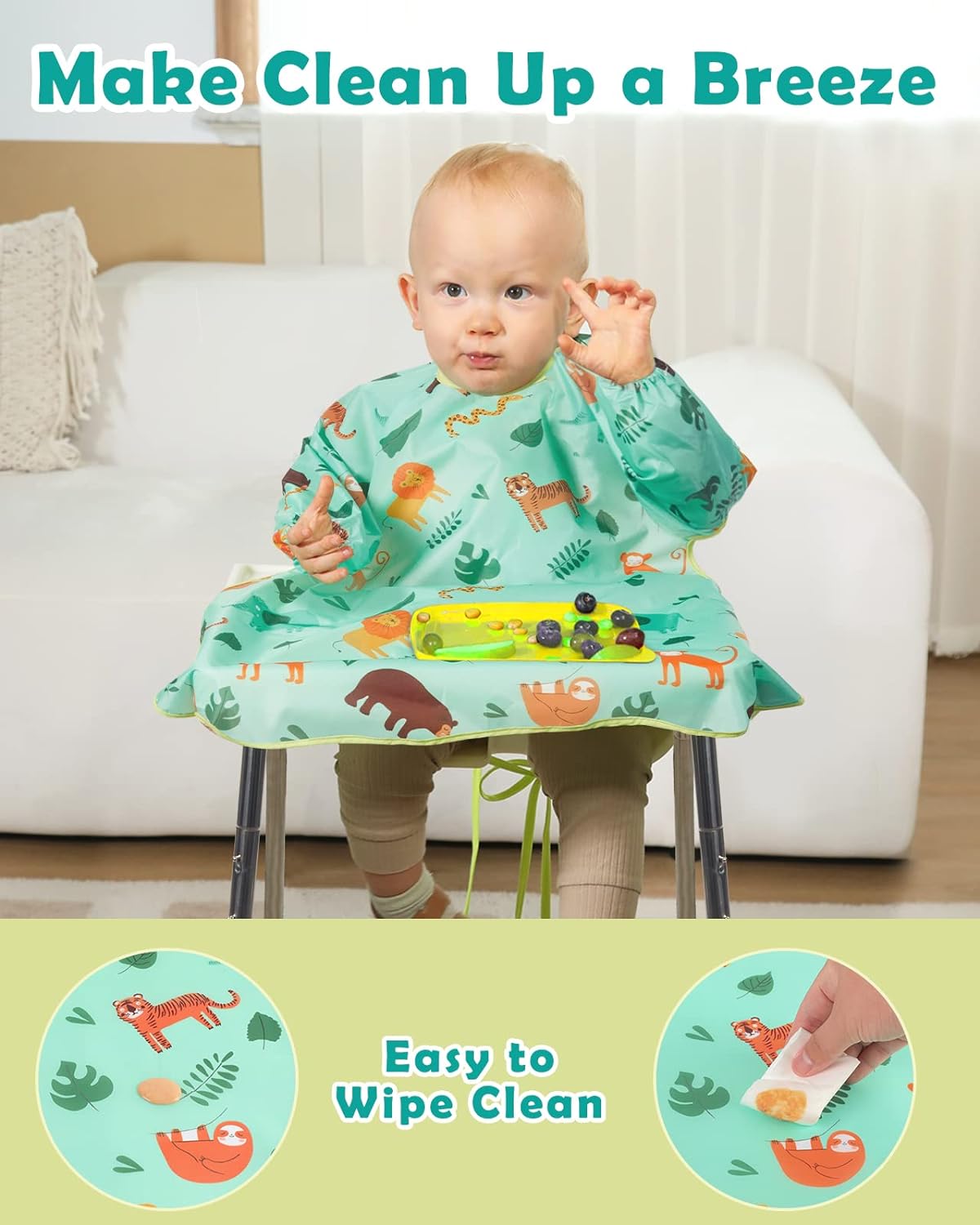 Lictin Coverall Baby Feeding Bibs - 2-Pack Long Sleeve Baby Bibs for Eating, Adjustable Weaning Bibs, Waterproof Bib Attaches and Fully Cover to Baby Highchair and Table