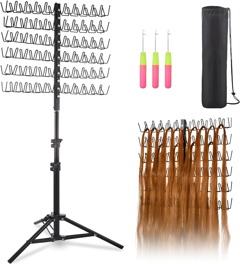 Lictin Braiding Hair Rack with 120 Pegs, Height Adjustable Braiding Rack, 2-Side Metal Hair Rack for Stylists/Home/Salon, Hair Braiding Stand with Stylist Hair Braiding Tools