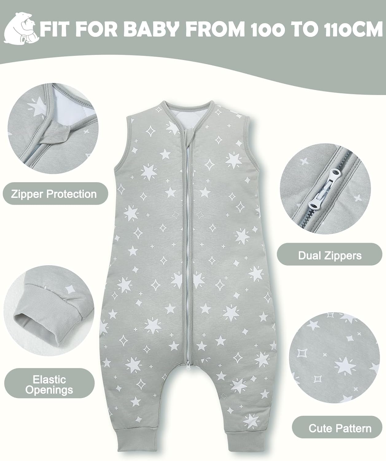 Lictin Toddler Sleep Sack with Feet - Sleep Sack 3t-4t Year Winter, 2.5 TOG Baby Sleeping Bag Sleeveless, Cotton Wearable Blanket with Legs for Infant Toddler from 100cm-110cm