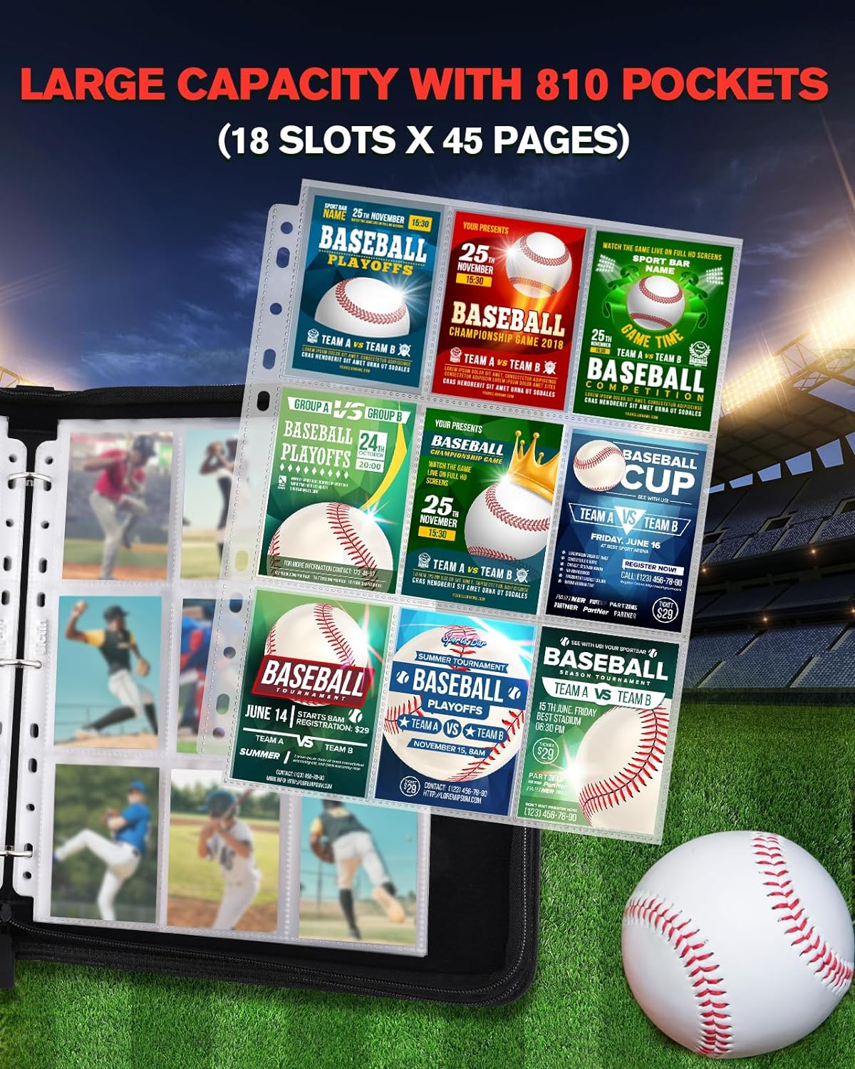 Baseball Card Binder 9 Pocket - Lictin Baseball Card Holder, 3 Ring Trading Card Binder, Sports Card Binder Collection Trading Card Albums Fits 810 Cards with 45 Removable Sleeves
