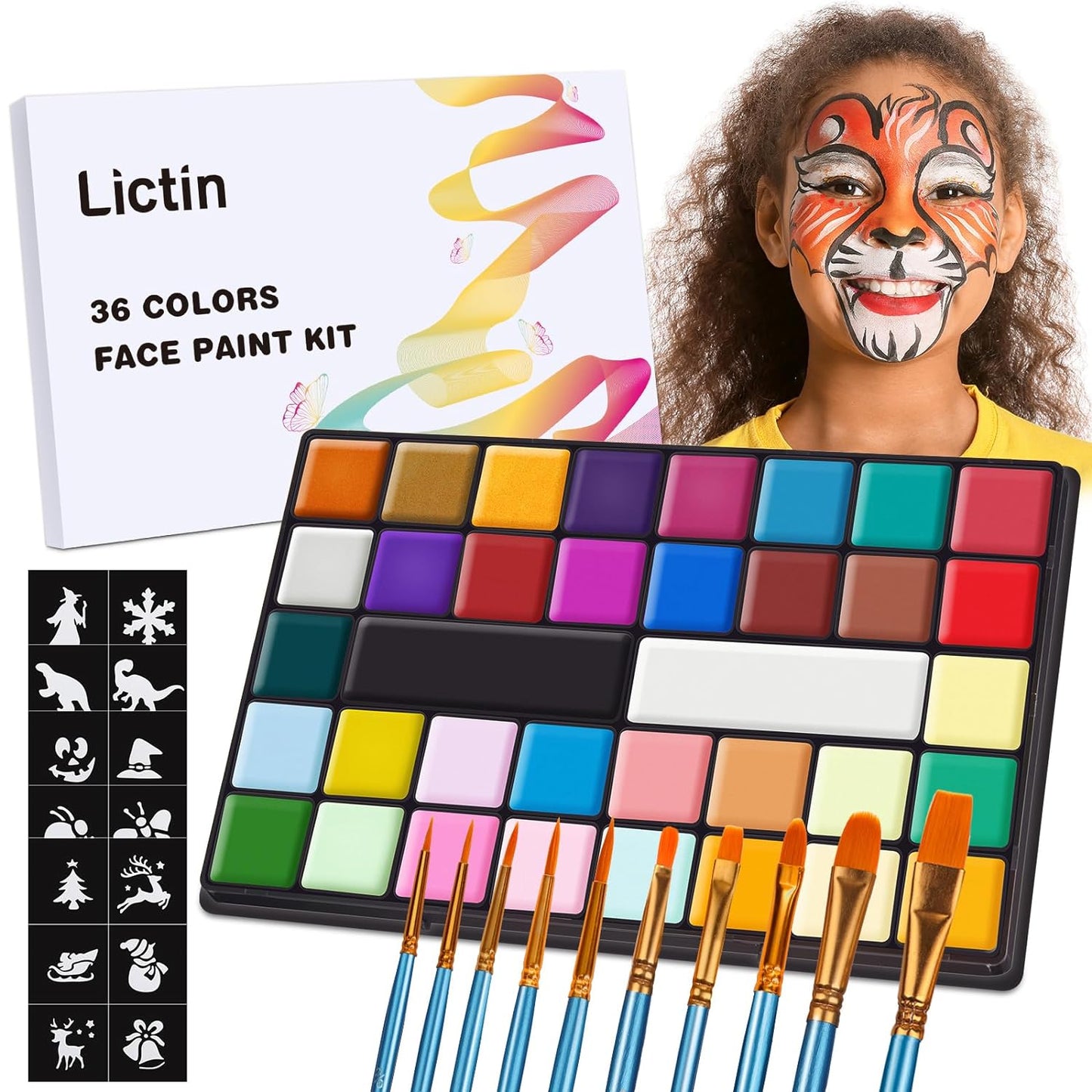 Lictin Water Based Face Paint - 36 Colors Professional Face Body Painting Kit ( 20 Classic Colors + 8 Metal Colors + 8 UV Glow Colors), Halloween Makeup Kit for Adults and Kids