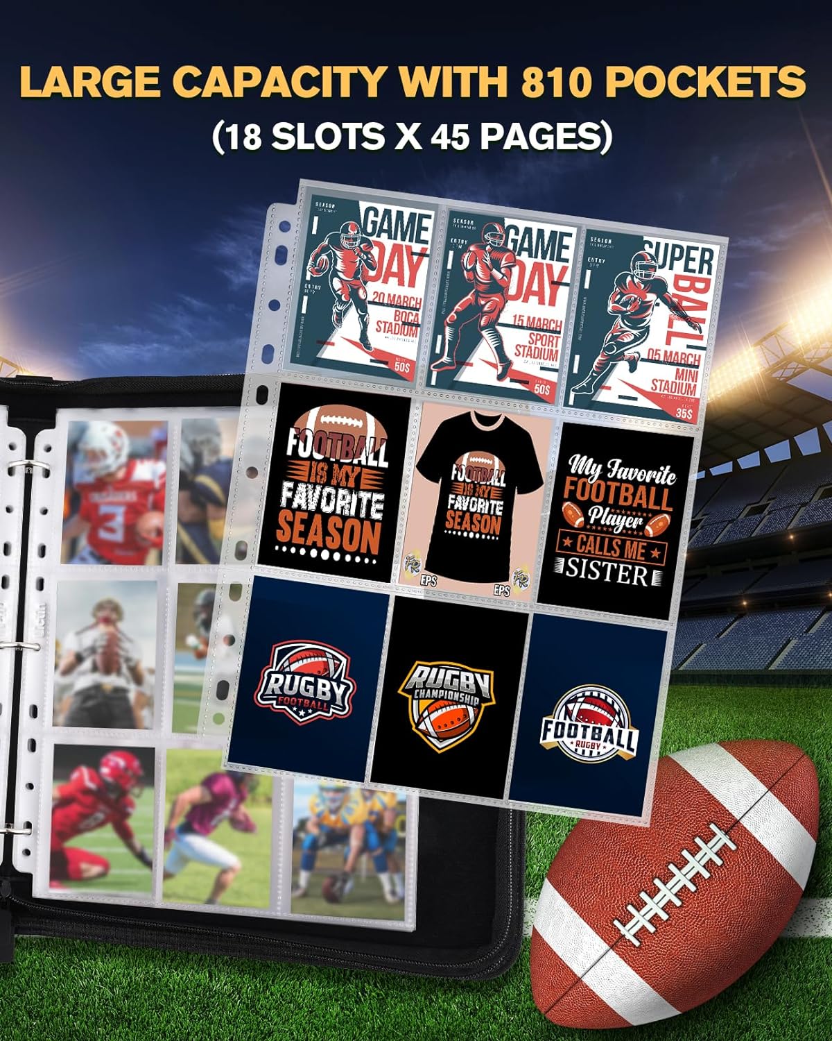 Football Card Binder 9 Pocket - Lictin Football Card Holder, 3 Ring Trading Card Binder, Sports Card Binder Collection Trading Card Albums Fits 810 Cards with 45 Removable Sleeves