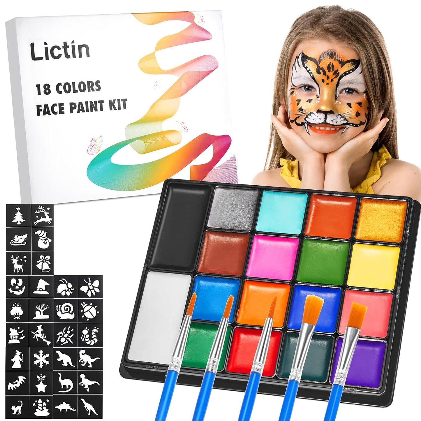 Lictin Water Based Face Paint - 36 Colors Professional Face Body Painting Kit ( 20 Classic Colors + 8 Metal Colors + 8 UV Glow Colors), Halloween Makeup Kit for Adults and Kids