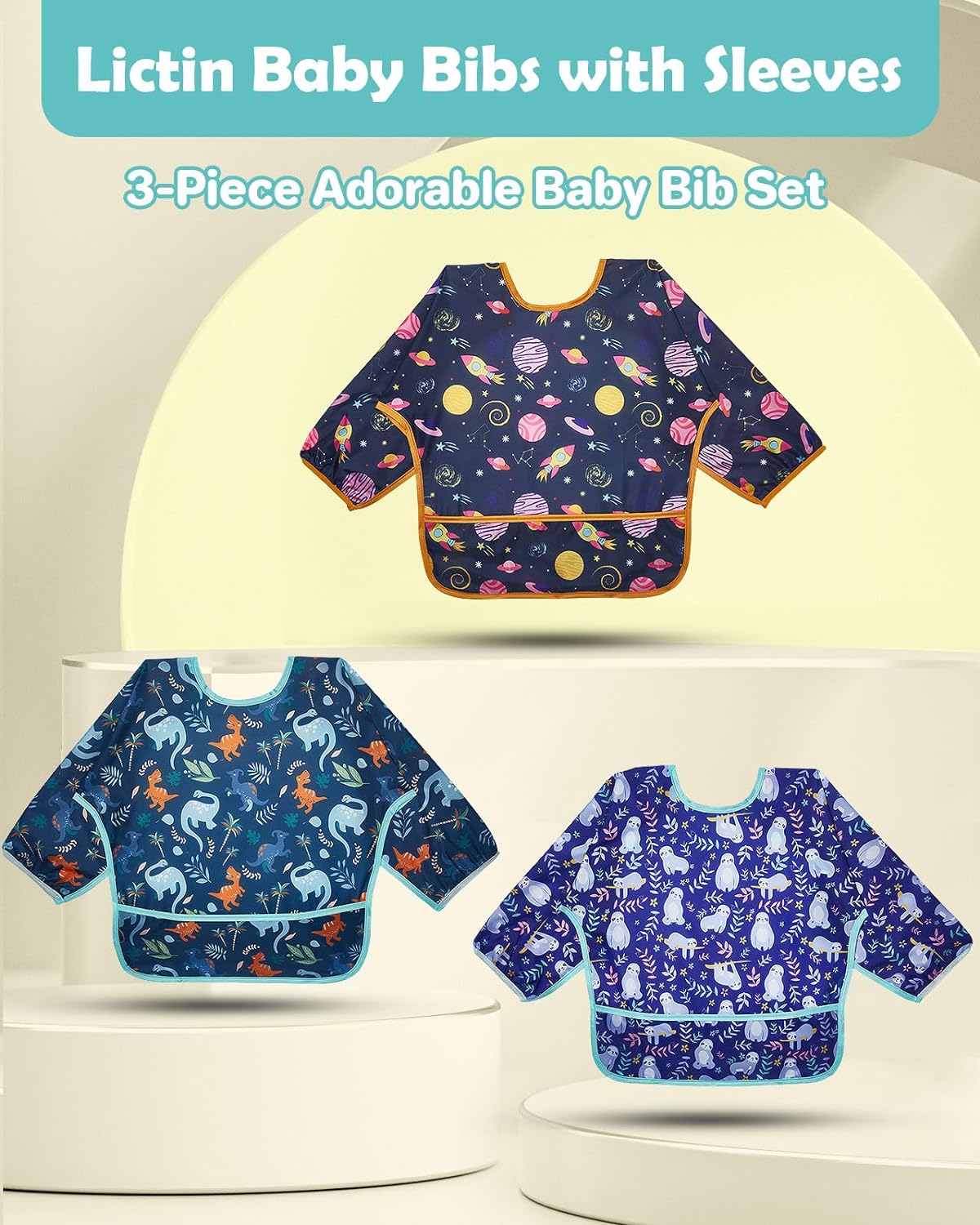 Lictin 3 Pcs Baby Bibs for Boy or Girl,Long Sleeve Bib,Waterproof Bibs for Toddlers,Adjustable Closure Baby Smock,6-24 Months