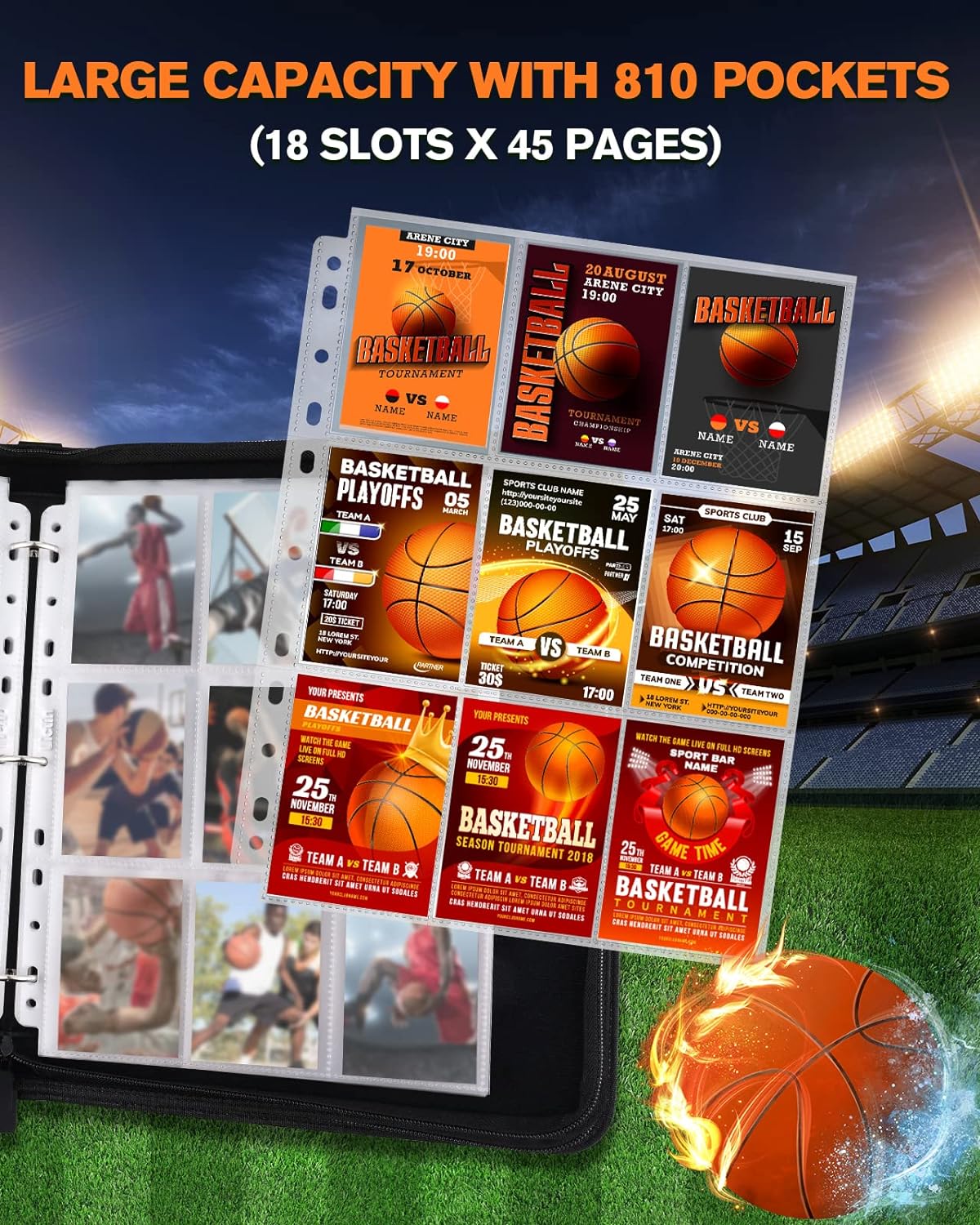Basketball Card Binder 9 Pocket - Lictin Basketball Card Holder, Trading Card Binder, Sports Card Binder Collectible Trading Card Albums Fits 810 Cards with 45 Removable Sleeves