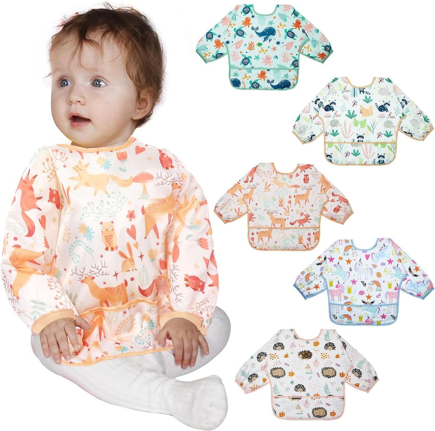 Lictin Baby Bibs for Boys Girls - Long Sleeve Bib, Waterproof Toddler Bibs, 0-24 Months Neutral Baby Smock for Eating