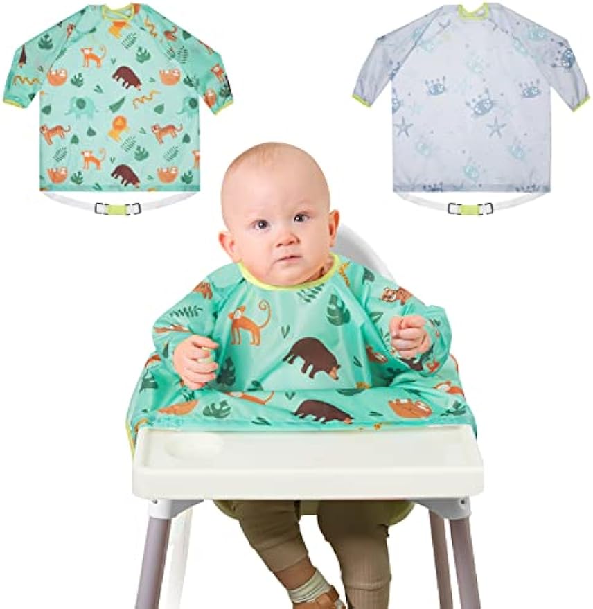 Lictin Coverall Baby Feeding Bibs - 2-Pack Long Sleeve Baby Bibs for Eating, Waterproof Bib Attaches to Baby Highchair and Table, Adjustable Weaning Bibs, High Chair Food Catcher