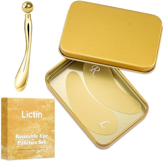 Lictin Reusable Eye Patches, Silicone Under Eye Patches with Lifting Effect to Reduce Wrinkles and Fine Lines, Pair with Metal Eye Cream Applicator,Tin Case