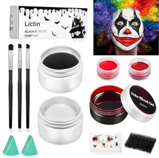 Lictin Halloween Clown Makeup Kit - White Black Red Face Body Paint + Fake Blood Gel, Water Activated Face Paint Kit for Adults, SFX Joker Zombie Vampire Skeleton Makeup Kit with Brushes & Sponges
