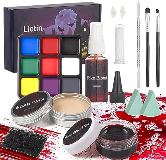 Lictin Halloween Special Effects SFX Zombie Makeup Kit - 9 Colors Bruise Makeup Face Body Painting Palette + Scar Wax with Spatula + Fake Blood Spray + Fake Blood Gel + Vampire Teeth + Stipple Sponge