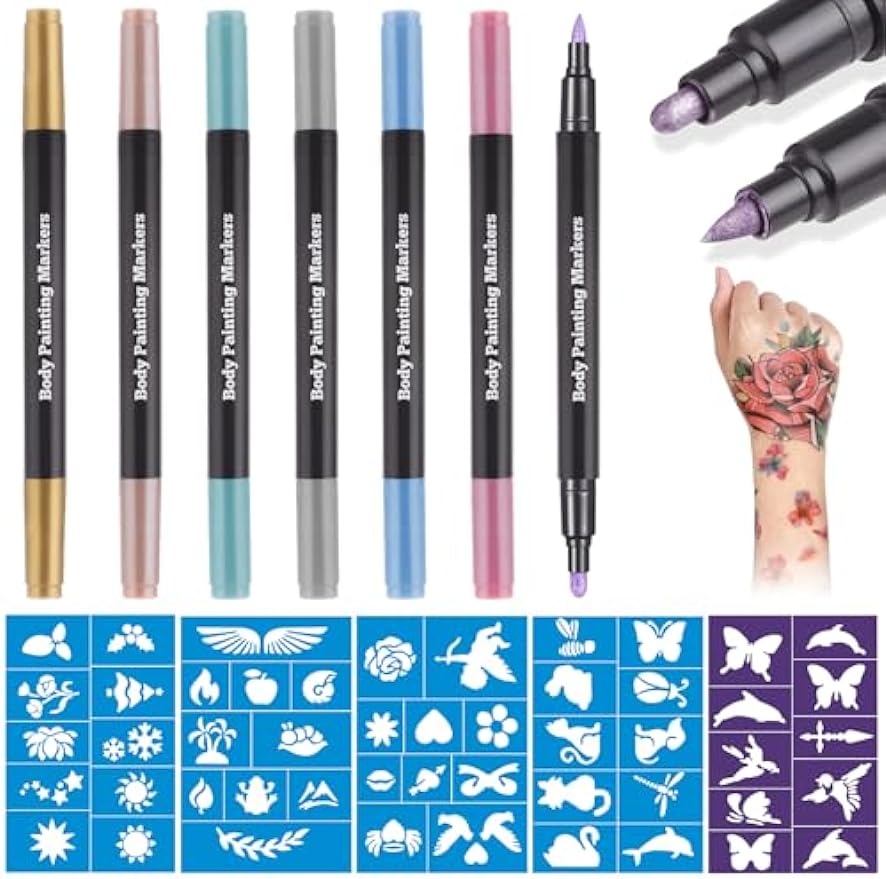 Lictin Temporary Tattoo Markers for Skin, 7 Colors Dual-End Skin Tattoo Pens with 50 Tattoo Stencils, Metallic Body Markers for Kids Teens and Adults, Flexible Brush Tip, Cosmetic-Grade