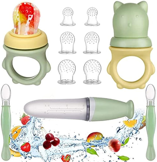 Lictin Baby Food Feeder Pacifier Set Feeding Supplies 11 Pcs - Squeeze Spoon with Fresh Silicone Bottle, Infant Hot Safety Spoon, Baby Feeding Utensil Gift Box