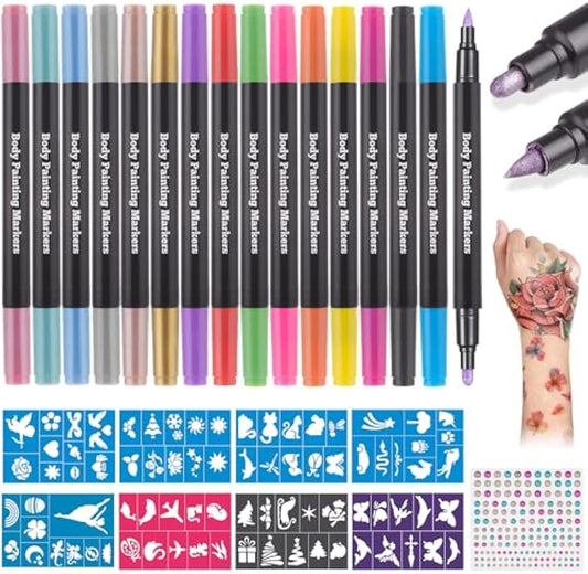 Lictin Temporary Tattoo Markers for Skin, 16 Colors Dual-End Skin Tattoo Pens with 80 Tattoo Stencils, Matte & Metallic Body Markers for Kids Teens and Adults, Flexible Brush Tip, Cosmetic-Grade